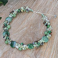 Multi-gemstone beaded necklace, 'Rainstorm' - Artisan Crafted Prehnite and Tiger's Eye Beaded Necklace