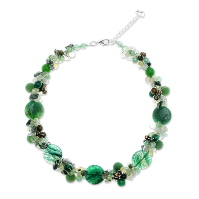 Multi-gemstone beaded necklace, 'Rainstorm' - Artisan Crafted Prehnite and Tiger's Eye Beaded Necklace