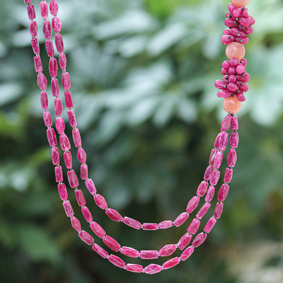 Collar de hilo con cuentas de cuarzo - Collar largo de cuentas de cristal y cuarzo rosa hecho a mano
