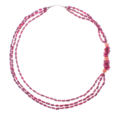Quartz beaded strand necklace, 'Pink Fantasy' - Hand Crafted Pink Quartz & Glass Long Beaded Strand Necklace