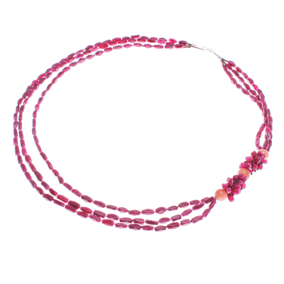 Halskette mit Quarzperlen - Handgefertigte lange Perlenkette aus rosa Quarz und Glas