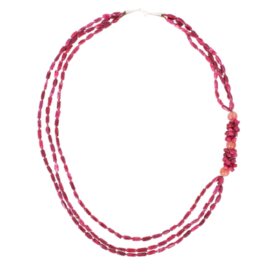 Halskette mit Quarzperlen - Handgefertigte lange Perlenkette aus rosa Quarz und Glas
