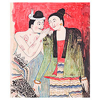 'Whisper of Love I' - Wat Phumin Temple Art Replica Sweethearts Painting