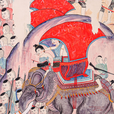 'The Parade' - Pintura tailandesa del estilo del templo antiguo del desfile del elefante