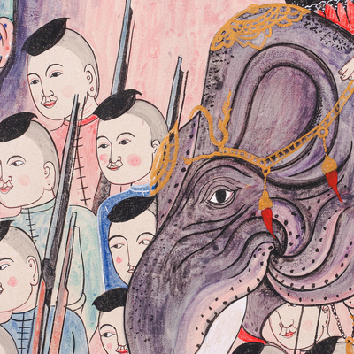 'The Parade' - Pintura tailandesa del estilo del templo antiguo del desfile del elefante