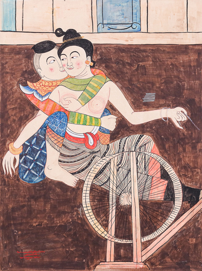 Painting of a Couple in Ancient Thai Temple Style