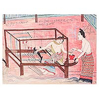 'The Weaving' - Painting of a Weaver and Teacher in Thai Temple Style