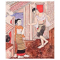 „Flirten“ – Romantisches Gemälde eines Paares im antiken thailändischen Tempelstil