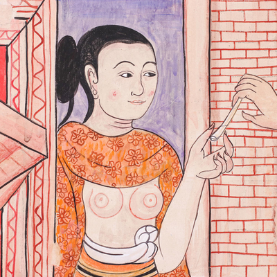 'Flirting' - Pintura romántica de una pareja al estilo del antiguo templo tailandés