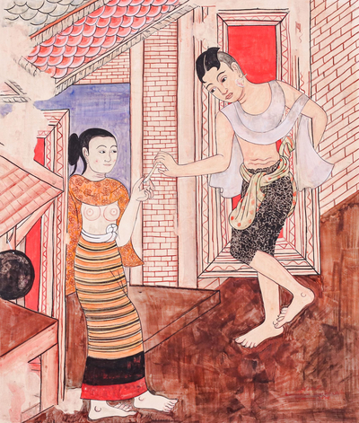 Romantic Painting of a Couple in Ancient Thai Temple Style
