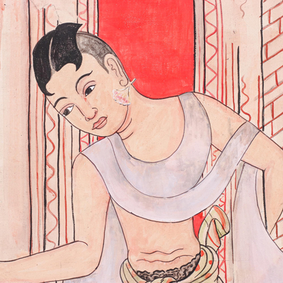 'Flirting' - Romantic Painting of a Couple in Ancient Thai Temple Style