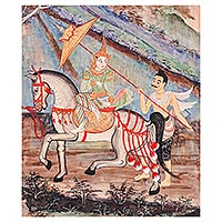 „Prinz im Wald“ – Thailändisches Mixed-Media-Gemälde im Stil des Phra-Sing-Tempels