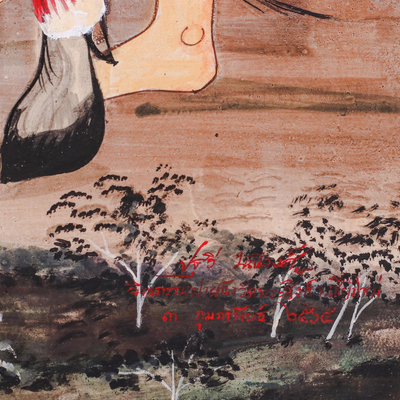 'Prince in the Forest' - Thai Mixed Media Painting in the Style of Phra Sing Temple
