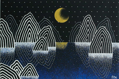 'Night Mountain I' - Midnight Mountain Landscape Painting from Thailand