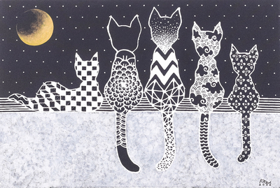 'Five Cats' - Pintura de luna llena de medianoche con gatitos