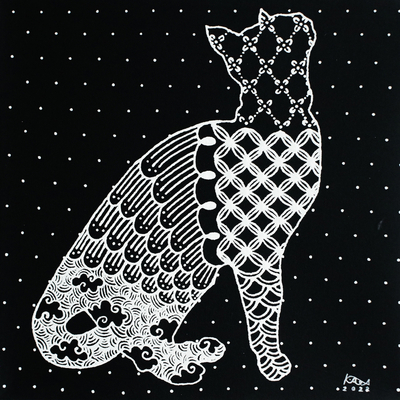 'Waiting Cat' - Thai Kitty Cat Painting with Design Motifs