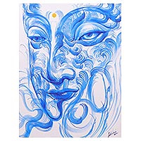 'Aliento relajante' - Pintura tailandesa original de Buda en azul sobre blanco