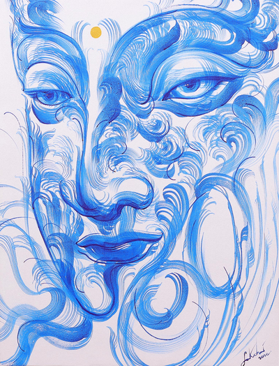 'Relaxing Breath' - Pintura tailandesa original de Buda en azul sobre blanco