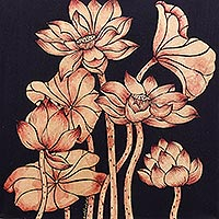 'Peaceful Lotus I' - Golden Nature Study Painting of Thai Lotus Blossoms