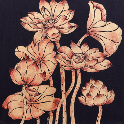 Golden Nature Study Painting of Thai Lotus Blossoms
