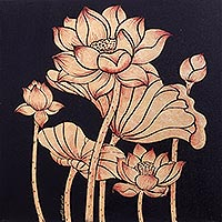 'Peaceful Lotus II' - Nature Study Painting of Gilded Thai Lotus Blossoms