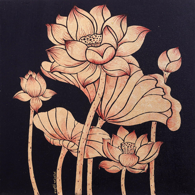 Nature Study Painting of Gilded Thai Lotus Blossoms