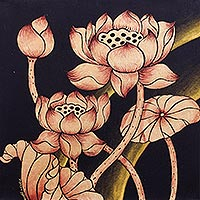 'Peaceful Lotus III' - Signed Folk Art Painting of Thai Golden Lotus Blossoms
