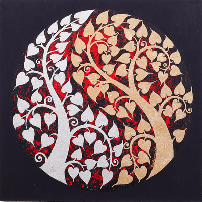 'Ying Yang Bodhi' - Gold & Silver Traditional Thai Art Painting on Red