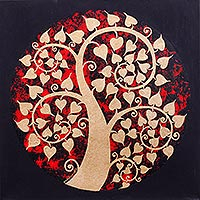 'Red Bodhi Spirals' - Traditional Thai Art Golden Tree on Black and Red Painting
