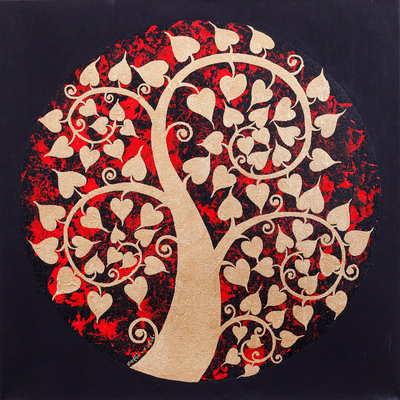 Traditional Thai Art Golden Tree on Black and Red Painting