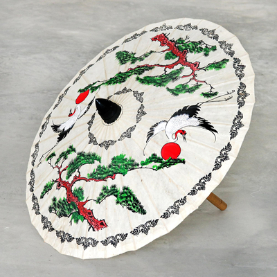 sombrilla de papel saa - Sombrilla decorativa de papel saa con motivo de grulla blanca pintada a mano