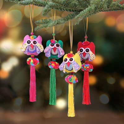 Cotton-blend ornaments, 'Happy Thai Owls' (set of 4) - Handcrafted Cotton-Blend Owl Ornaments (Set of 4)
