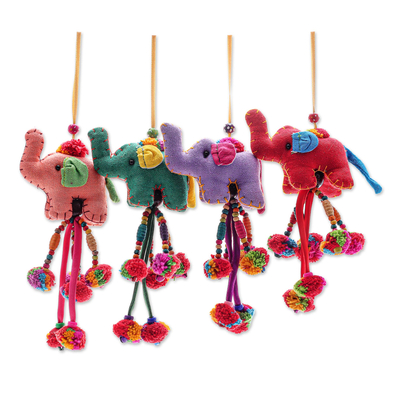 Cotton-blend ornaments, 'Pompom Parade' (set of 4) - Handcrafted Cotton-Blend Elephant Ornaments (Set of 4)