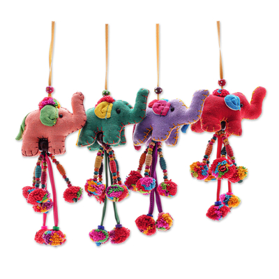 Cotton-blend ornaments, 'Pompom Parade' (set of 4) - Handcrafted Cotton-Blend Elephant Ornaments (Set of 4)