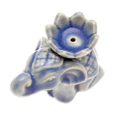 Räucherstäbchenhalter aus Keramik - Blauer Elefanten-Räucherstäbchenhalter aus Keramik mit Lotusblume