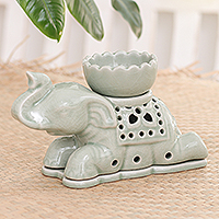 Celadon ceramic oil warmer, 'Royal Elephant' - Handcrafted Celadon Oil Warmer