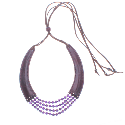 Leather and amethyst pendant necklace, 'Rustic Chic in Purple' - Hand Made Leather and Amethyst Pendant Necklace