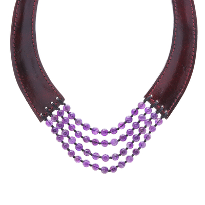 Halskette mit Anhänger aus Leder und Amethyst - Handgefertigte Halskette mit Anhänger aus Leder und Amethyst