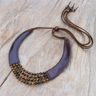 Leather and tiger's eye pendant necklace, 'Rustic Chic in Brown' - Hand Crafted Leather and Tiger's Eye Pendant Necklace