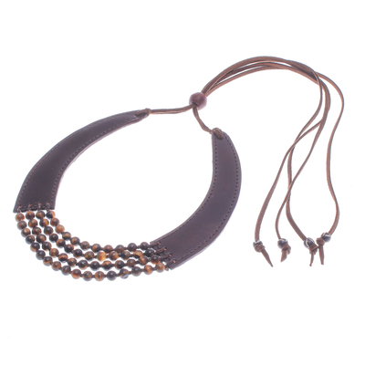 Halskette mit Anhänger aus Leder und Tigerauge - Handgefertigte Halskette mit Anhänger aus Leder und Tigerauge