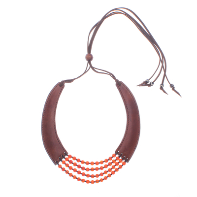 Collar colgante de cuero y cornalina - Collar con colgante artesanal de cuero y cornalina