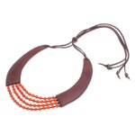 Leather and carnelian pendant necklace, 'Rustic Chic in Orange' - Artisan Crafted Leather and Carnelian Pendant Necklace