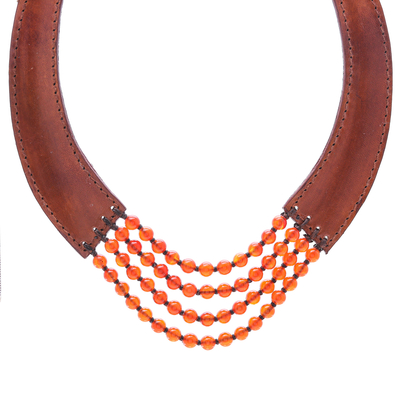 Collar colgante de cuero y cornalina - Collar con colgante artesanal de cuero y cornalina