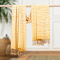 Batik cotton shawl, 'Liquid Amber' - Fringed Batik Cotton Shawl from Thailand