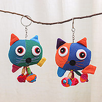 Cotton-blend keychains, 'Kooky Cat' (pair) - Hand-Stitched Cotton-Blend Keychains (Pair)