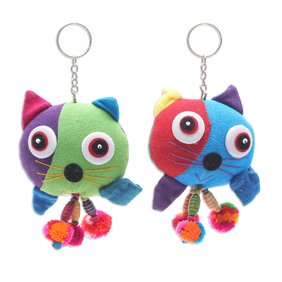 Cotton-blend keychains, 'Lost and Found' (pair) - Thai Cotton-Blend Keychains with Cat Motif (Pair)