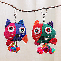 Cotton-blend keychains, 'Cat Person'  (pair) - Hand Made Cotton-Blend Keychains with Cat Motif (Pair)