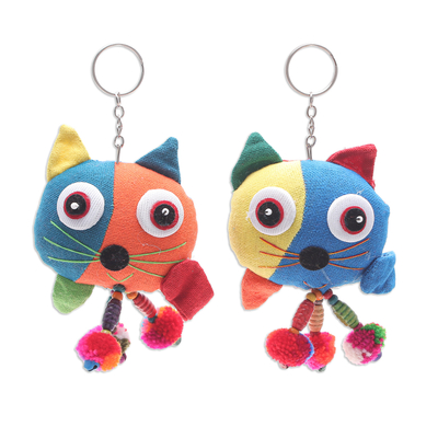 Hand Crafted Cotton-Blend Keychains with Cat Motif (Pair)