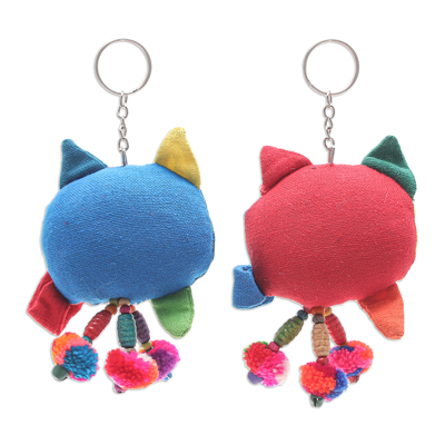Cotton-blend keychains, 'The Cat Came Back' (pair) - Hand Crafted Cotton-Blend Keychains with Cat Motif (Pair)