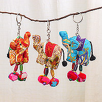 Cotton-blend keychains, 'Elephant Games' (set of 3) - Handmade Cotton-Blend Elephant Keychains  (Set of 3)